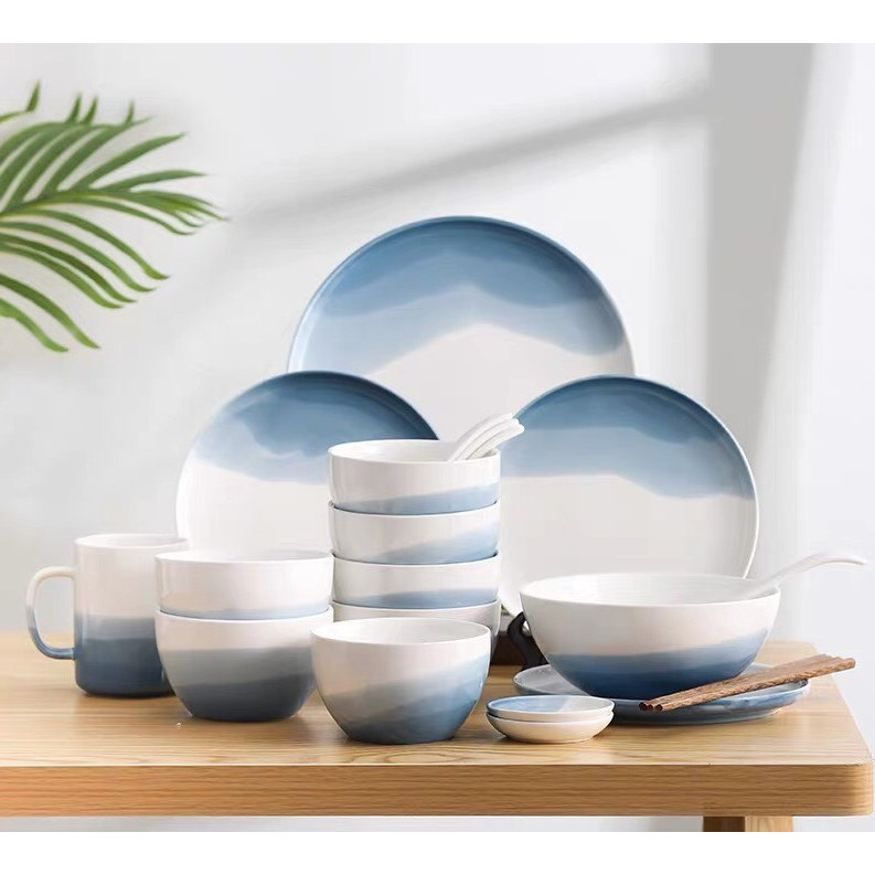 Combo chén bát đĩa màu trắng xanh
